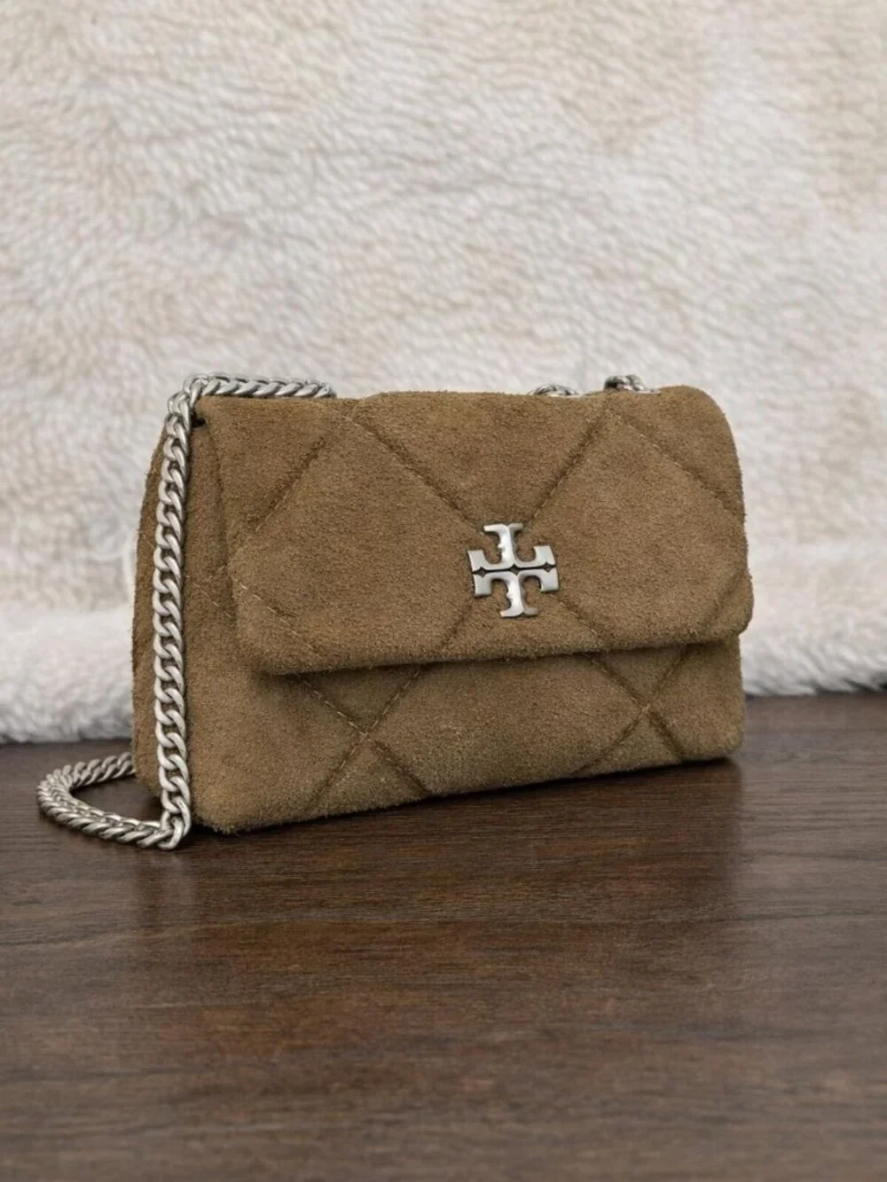 Tory Burch Kira Diamond Quilt Suede Shoulder Bag - Deep Olive